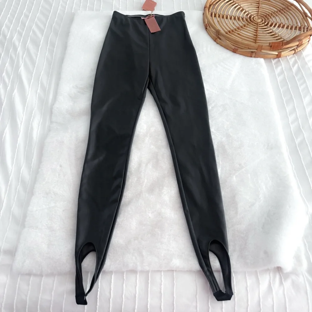 Wolford Amina Muaddi Faux Leather Leggings Stirrup Black NWT - Picture 4 of 13
